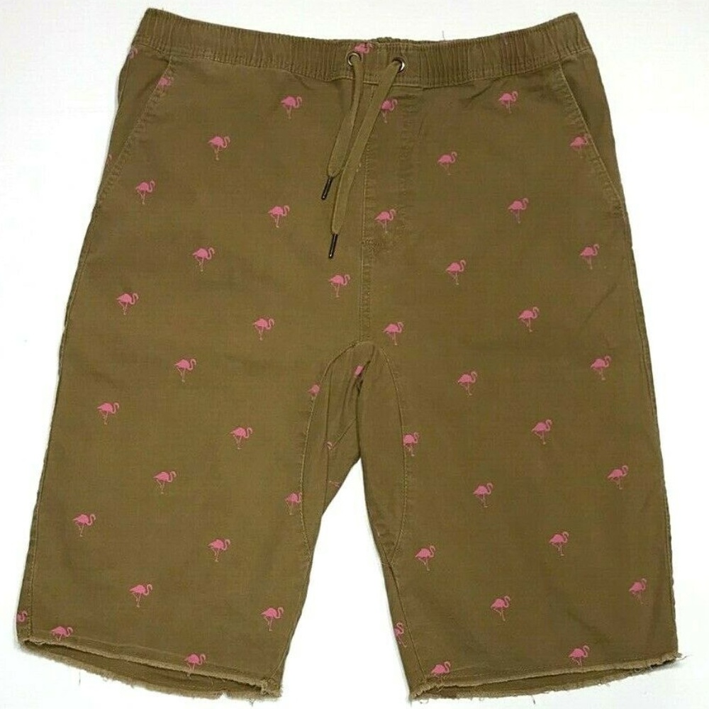 Carbon XL Khaki Pink Flamingo Print Shorts Raw Hem